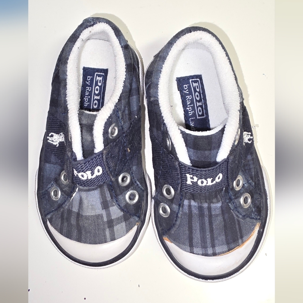 Polo by Ralph Lauren Plaid Blue and White Sneakers Slip-On Canvas US 4